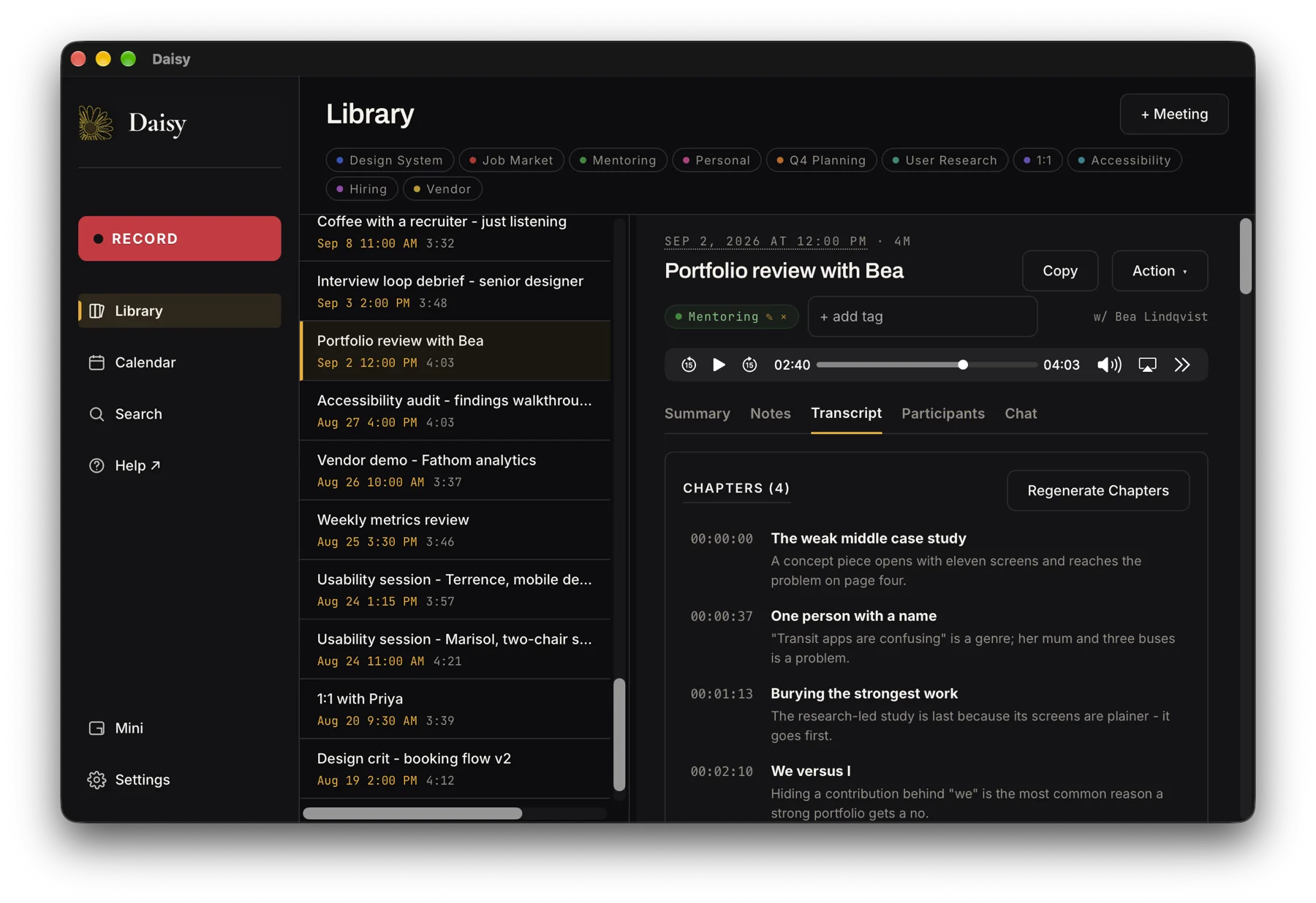 The Library: a meeting open on its transcript, with chapters and playback.